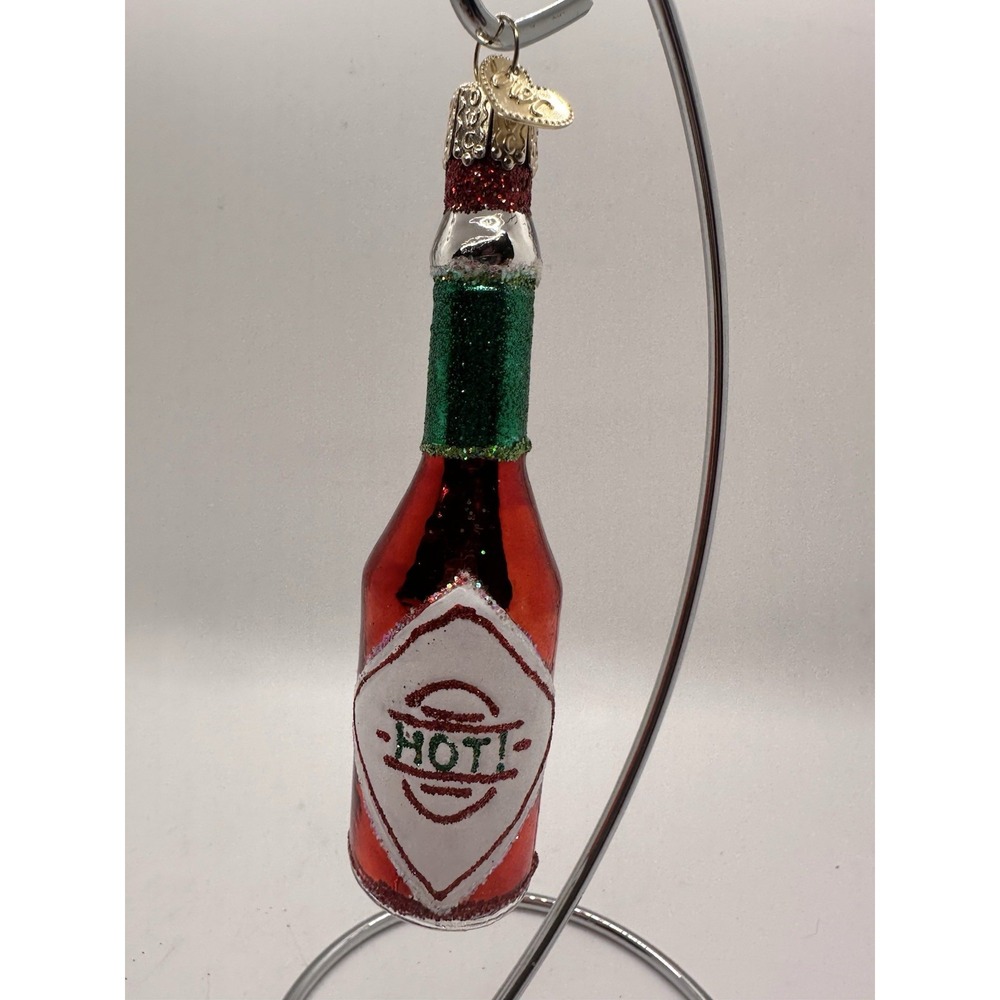 Old World Christmas "HOT!" Hot Sauce Bottle Glass Ornament‎ – Chili Pepper Theme